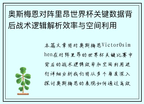 奥斯梅恩对阵里昂世界杯关键数据背后战术逻辑解析效率与空间利用