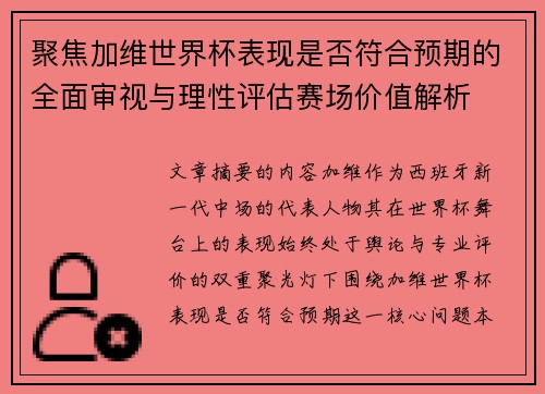聚焦加维世界杯表现是否符合预期的全面审视与理性评估赛场价值解析